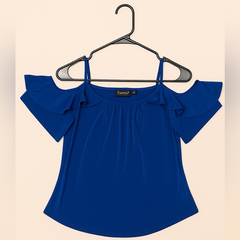 New York & Company 7th Avenue Blue Ruffle Cold-Shoulder Top Size L